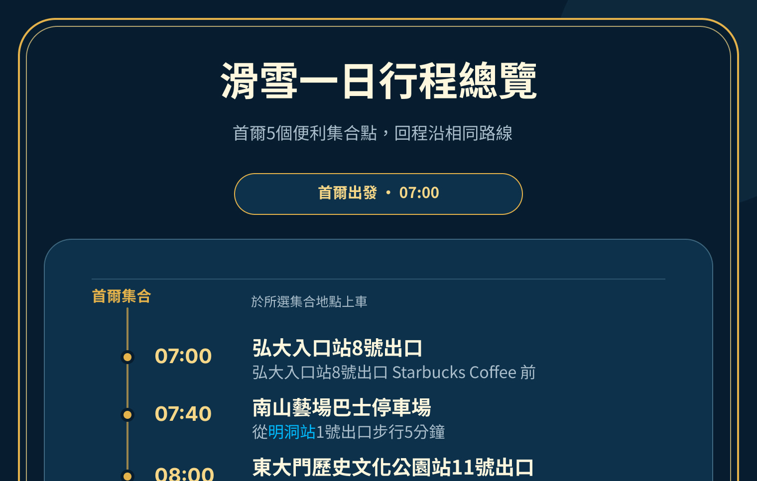 滑雪一日行程時間表,列出首爾五處上車點、度假村活動及伊利希安江村回程路線。 滑雪一日行程時間表,列出首爾五處上車點、度假村活動及伊利希安江村回程路線。