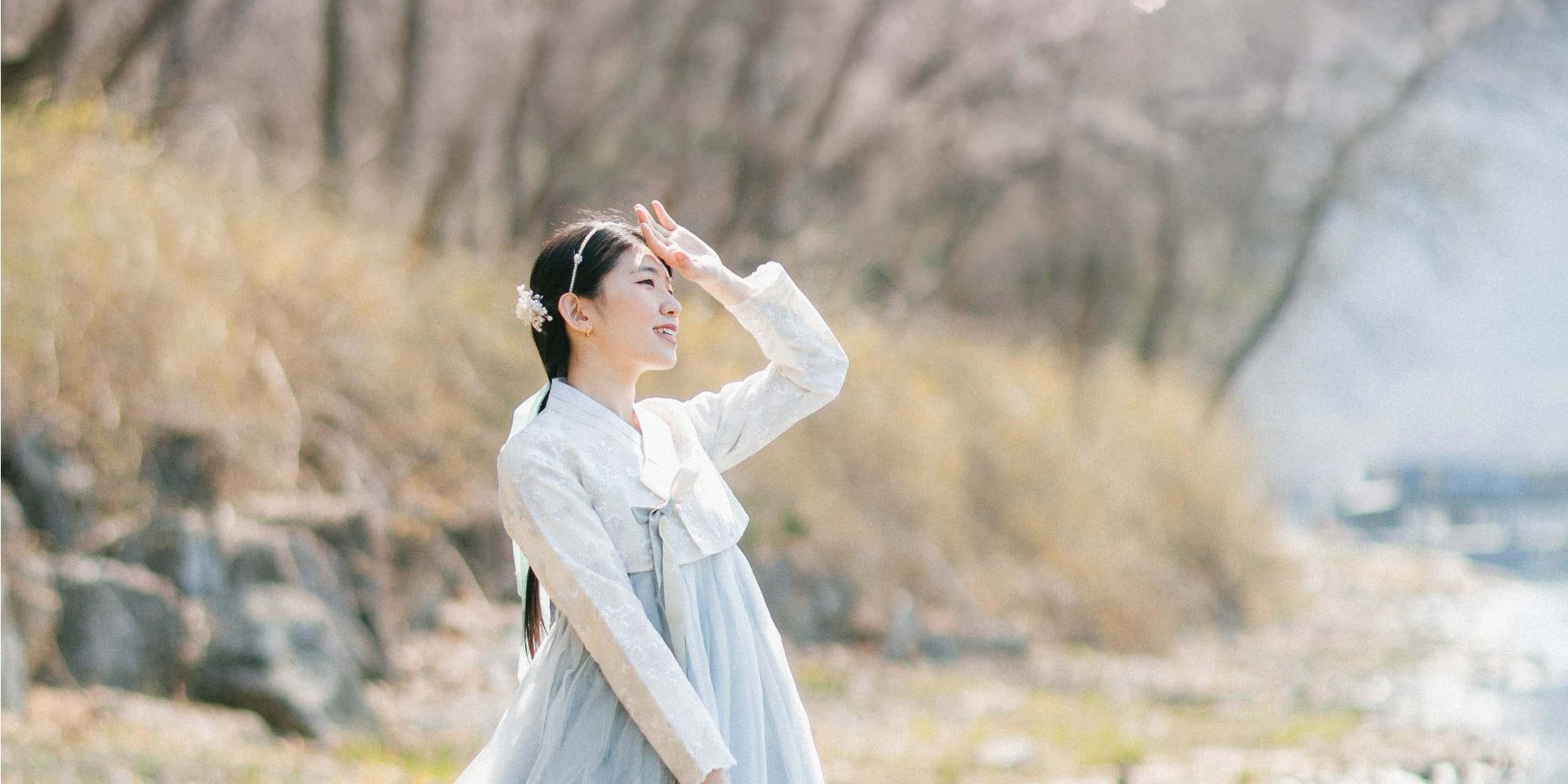 Hanbok flowing in the breeze under falling petals is a breathtaking sight.