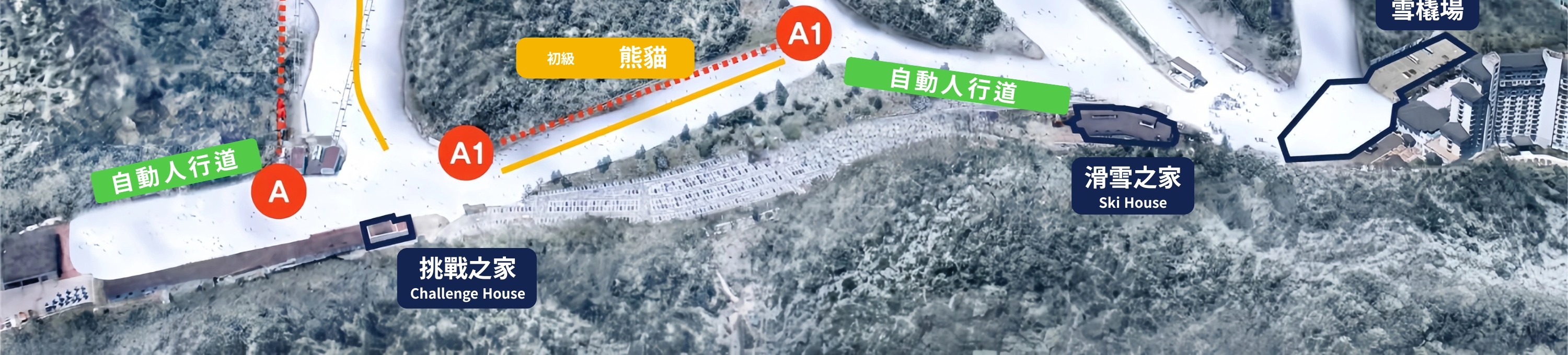 初級雪道地圖,標示 Rabbit、Panda 雪道、魔毯、滑雪屋與雪橇區。 初級雪道地圖,標示 Rabbit、Panda 雪道、魔毯、滑雪屋與雪橇區。