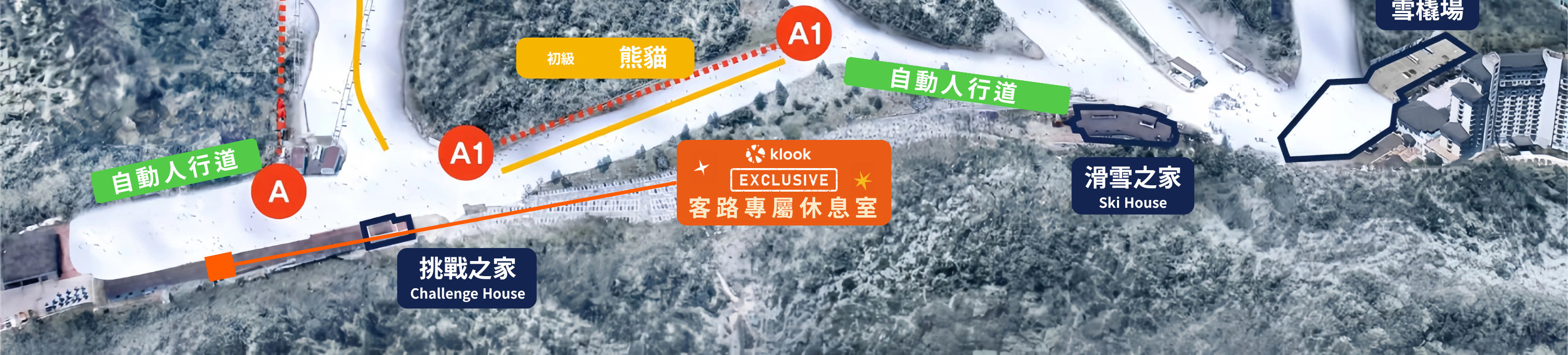 新手可以在兔子和熊貓滑雪道上自信地滑雪，滑雪道有自動步道輔助，附近還有舒適的yy易游体育休息室。