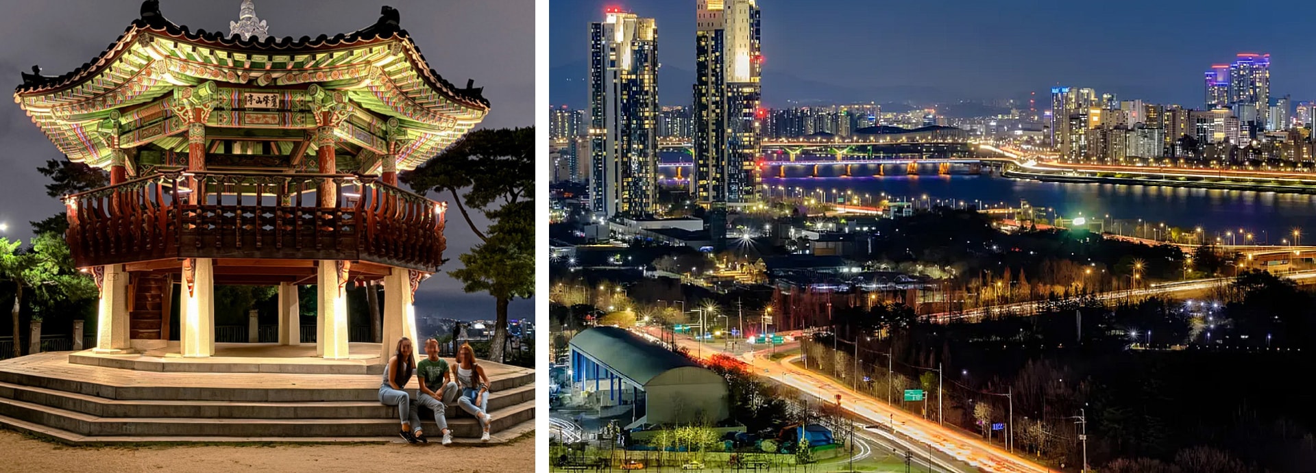 應峰山的八角亭可欣賞到首爾迷人的夜景，城市燈光在您腳下閃耀。