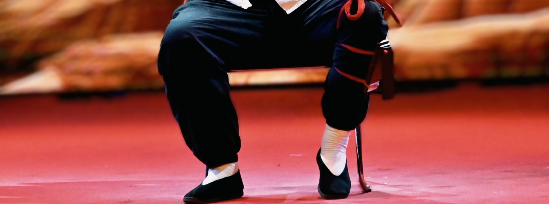 藝人著白衣紅帶，持傳統絃樂器表演，神情投入，背景似黃土風貌，盡顯民間藝術韻味