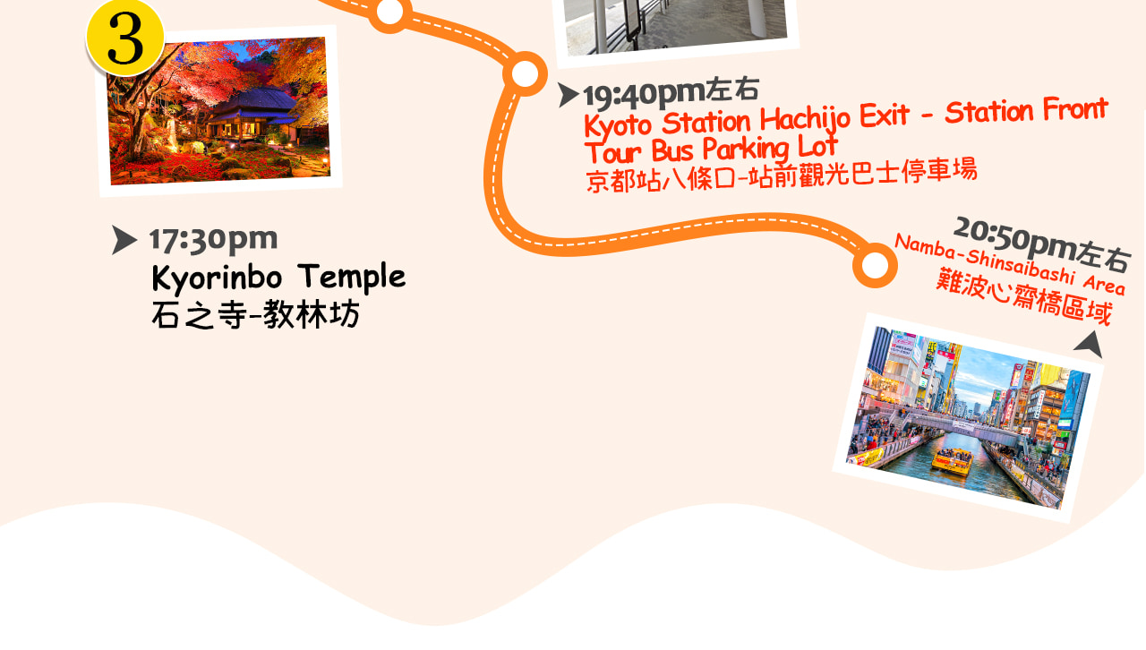 登臨比叡山延歷寺，聆聽千年古剎的梵音；漫步八幡堀水鄉，欣賞江戶風情；夜訪教林坊石之寺，被夢幻燈火與紅葉交織的秘境所震撼。