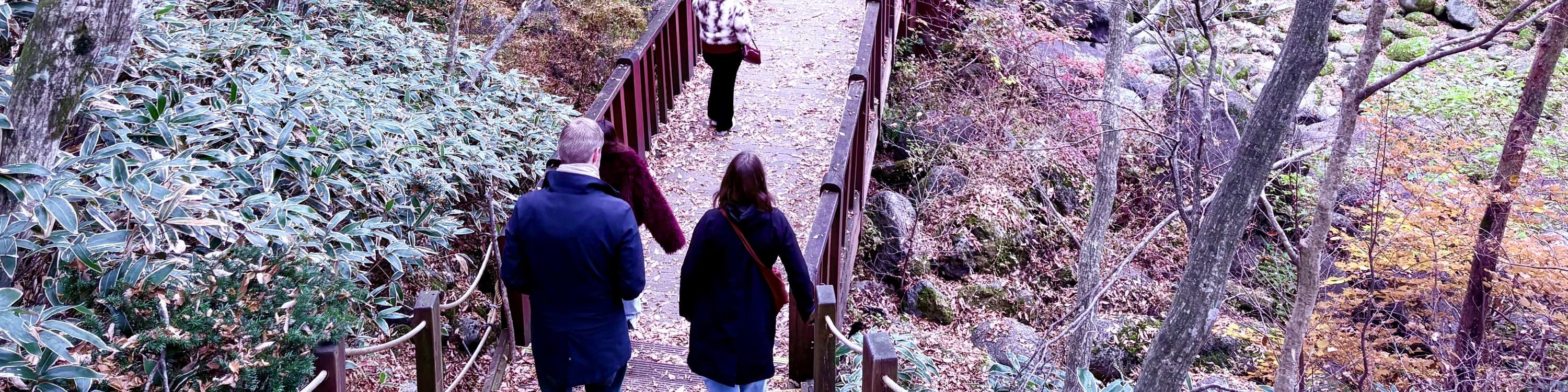體驗漢拏山,沿著平坦的短途步道前往御裡牧橋,穿過佈滿熔岩石的乾涸溪谷(20分鐘)。 體驗漢拏山,沿著平坦的短途步道前往御裡牧橋,穿過佈滿熔岩石的乾涸溪谷(20分鐘)。
