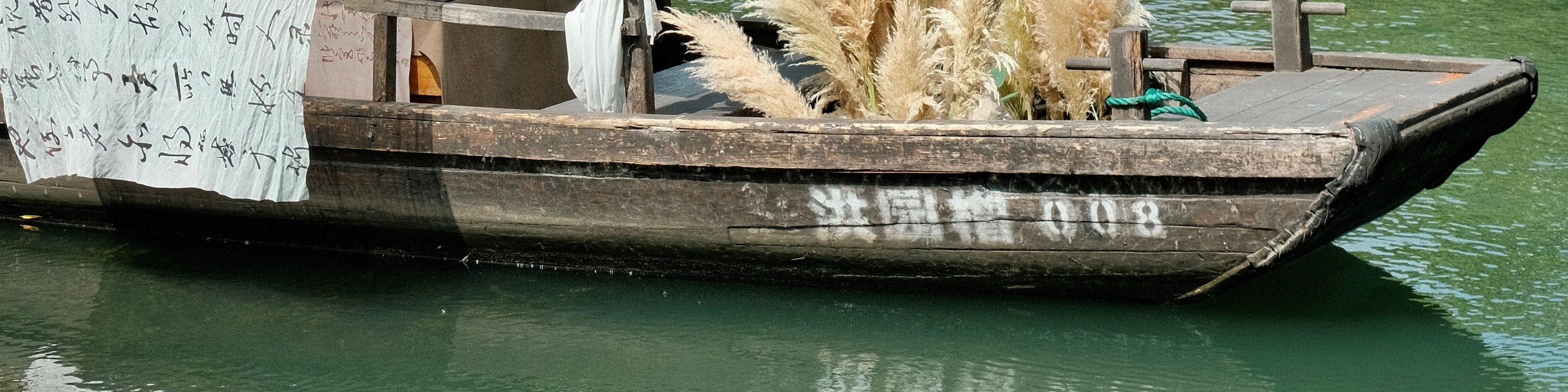 船身有文字裝飾,掛著燈籠,載著蒲葦,周圍荷葉田田,荷花點綴,盡顯水鄉的詩意與生機 船身有文字裝飾,掛著燈籠,載著蒲葦,周圍荷葉田田,荷花點綴,盡顯水鄉的詩意與生機