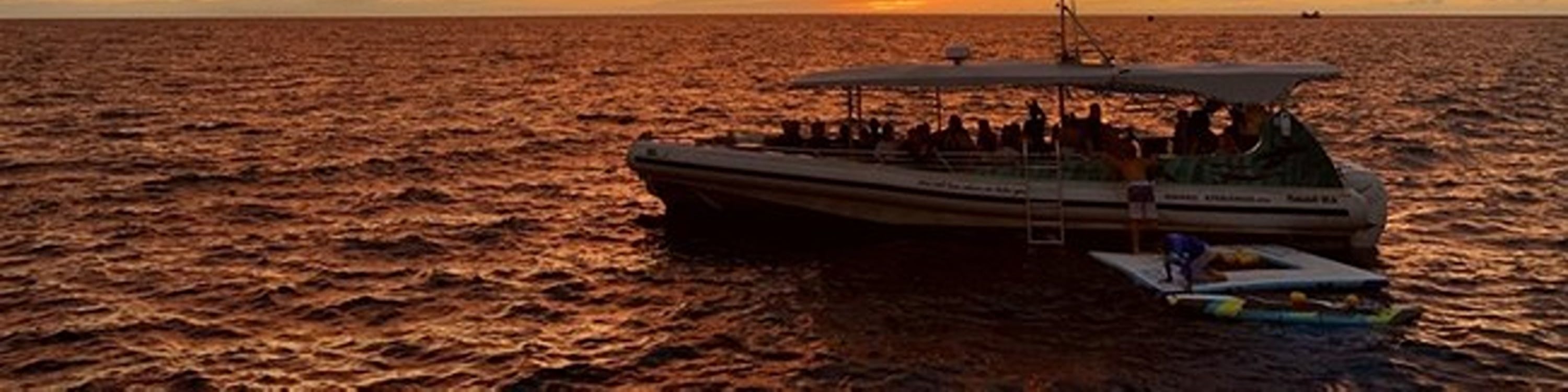 遊客在 KIBOU 號上，沿著大島西岸欣賞令人屏息的日落美景
