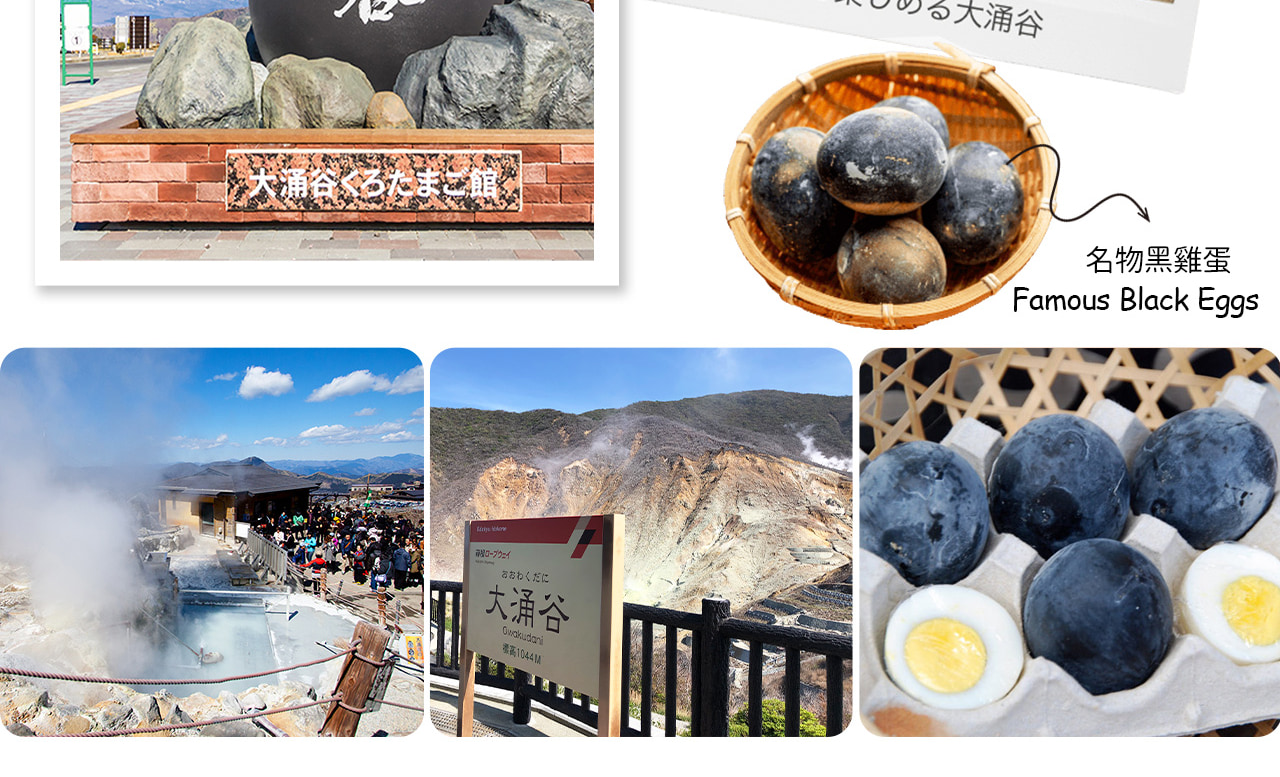 大涌谷的黑雞蛋因煮制時吸收火山礦物質,被傳說能延年益壽七年,吸引眾多遊客品嚐 大涌谷的黑雞蛋因煮制時吸收火山礦物質,被傳說能延年益壽七年,吸引眾多遊客品嚐