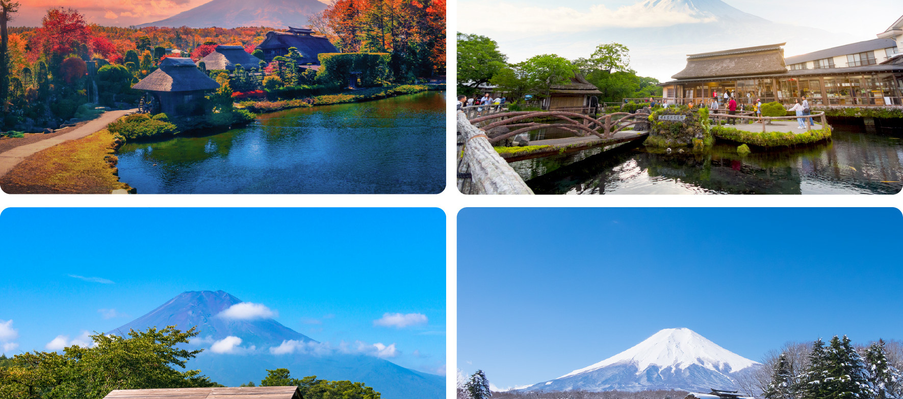 探索忍野八海，這是一個靠近富士山的寧靜村莊，以其清澈的泉水池塘和傳統的茅草屋頂景觀而聞名。