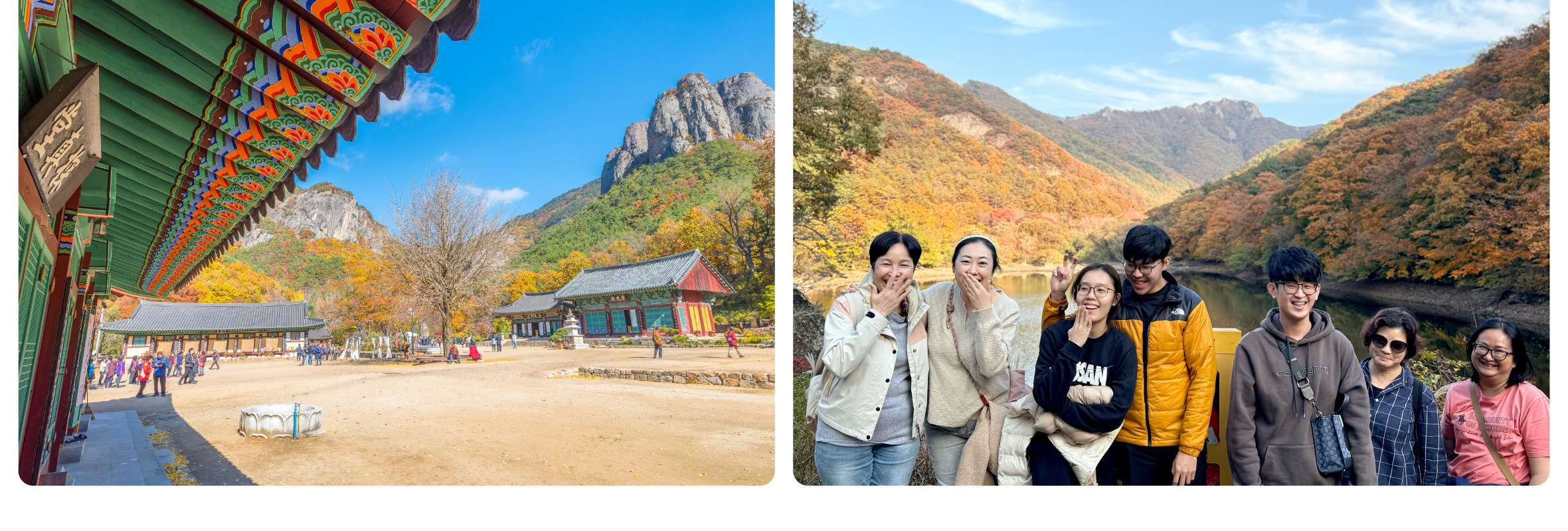 沉浸在周王山國家公園 (Juwangsan National Park) 令人驚豔的秋色中，這裡以火紅的楓葉和風景優美的登山步道而聞名。