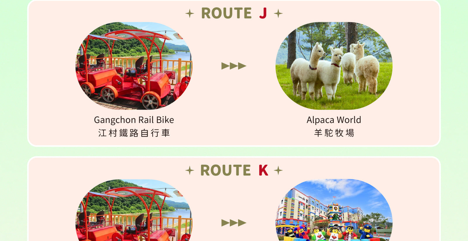 羊駝牧場 / 南怡島 / 江村鐵路自行車 / 晨靜樹木園 / 樂高樂園 /  秋海棠鳥園