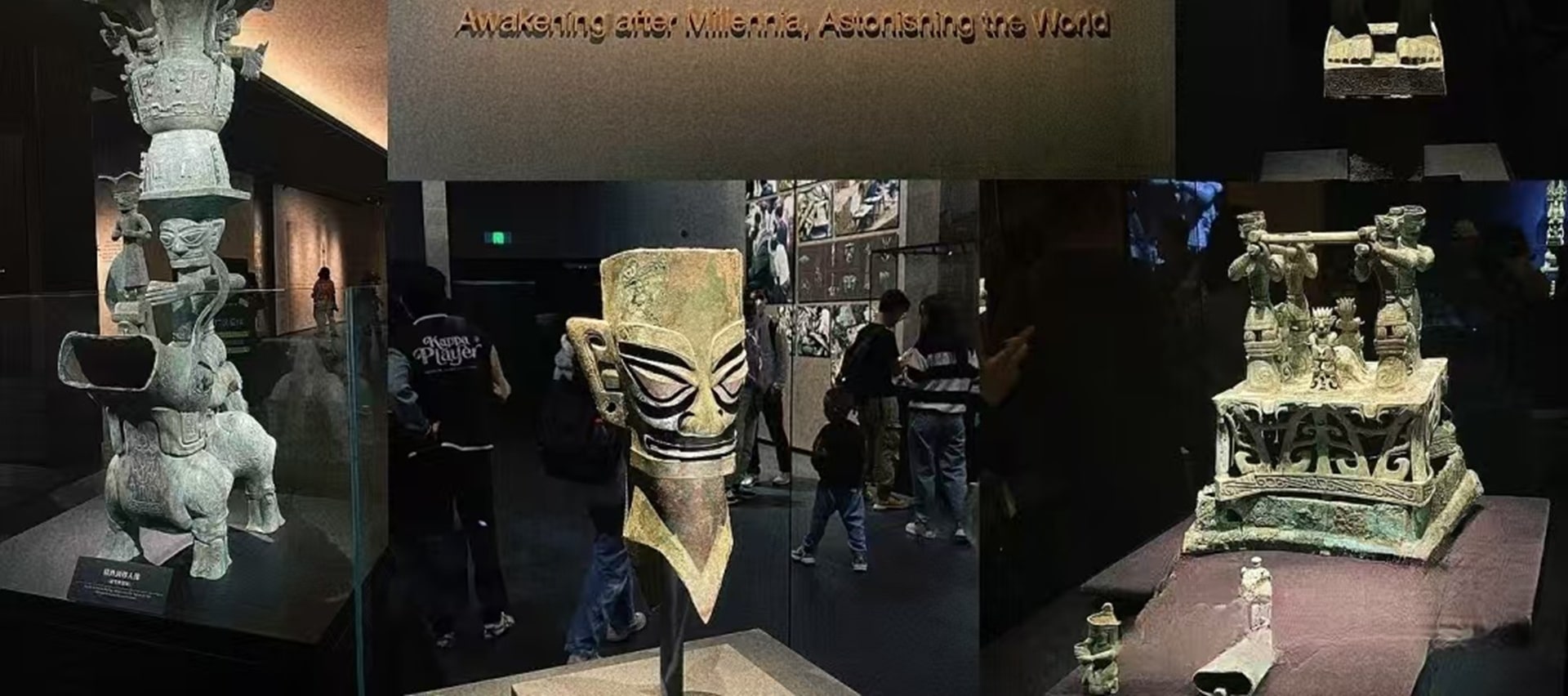 在這批古蜀秘寶中，有高2.62米的青銅大立人、有寬1.38米的青銅面具、更有高達3.95米的青銅神樹等，均堪稱獨一無二的曠世神品。而以金杖為代表的金器，以滿飾圖案的邊璋為代表的玉石器，亦多屬前所未見的稀世之珍