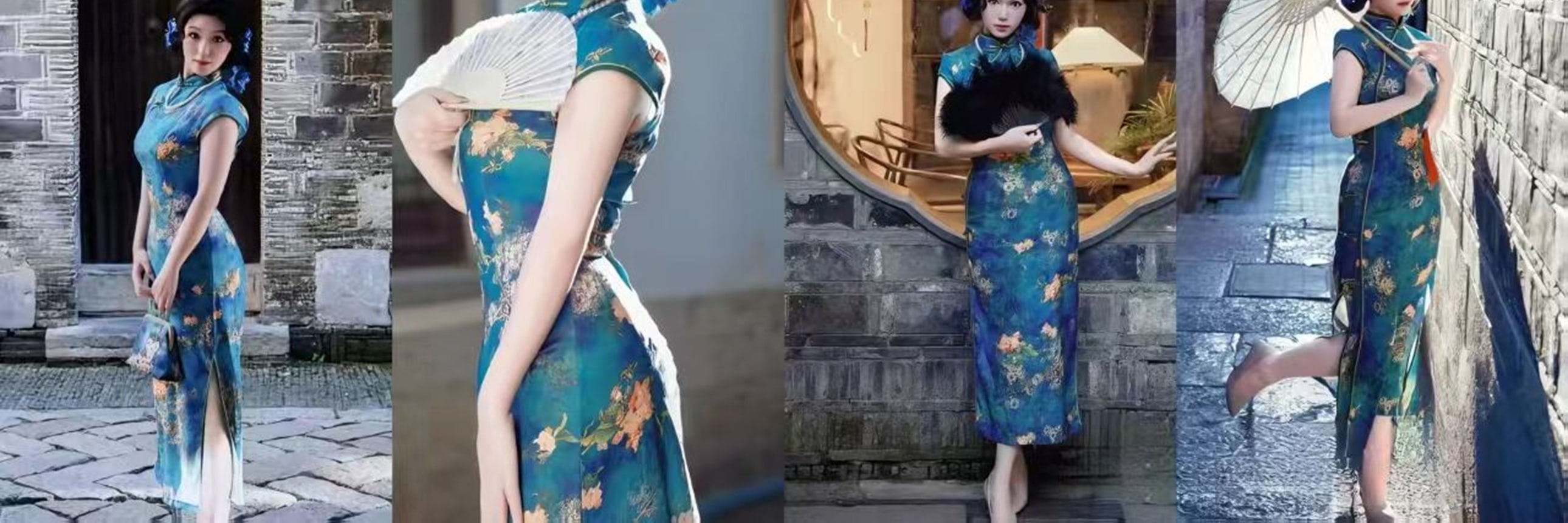 湖藍色旗袍暈染著金色繁花,配珍珠項鍊與藍花髮飾,在石牆木門前持扇而立,盡顯舊上海名媛的優雅明豔 湖藍色旗袍暈染著金色繁花,配珍珠項鍊與藍花髮飾,在石牆木門前持扇而立,盡顯舊上海名媛的優雅明豔