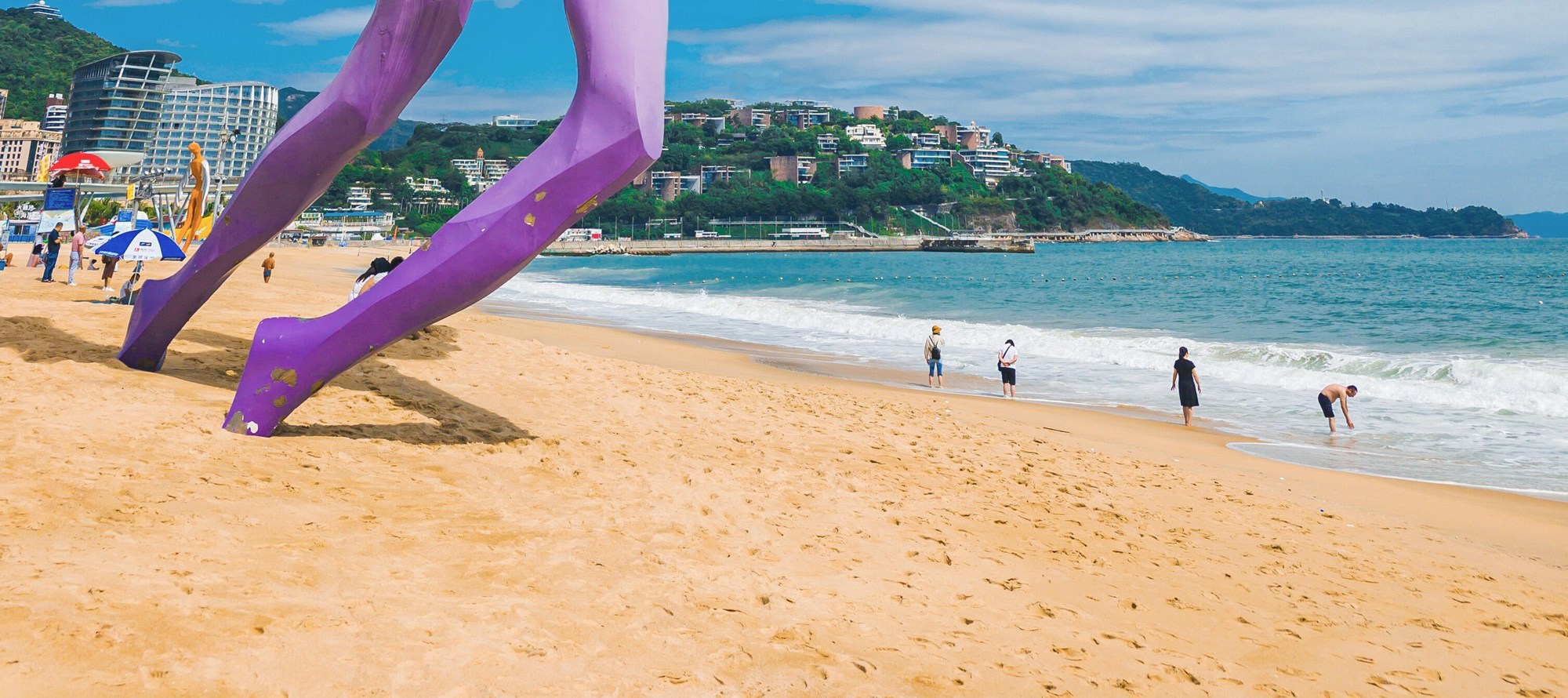 The Dameisha Wing Sculpture, with its purple body and white feathers, stands on the golden beach, painting a free and romantic seaside scene with the sea and sky.
