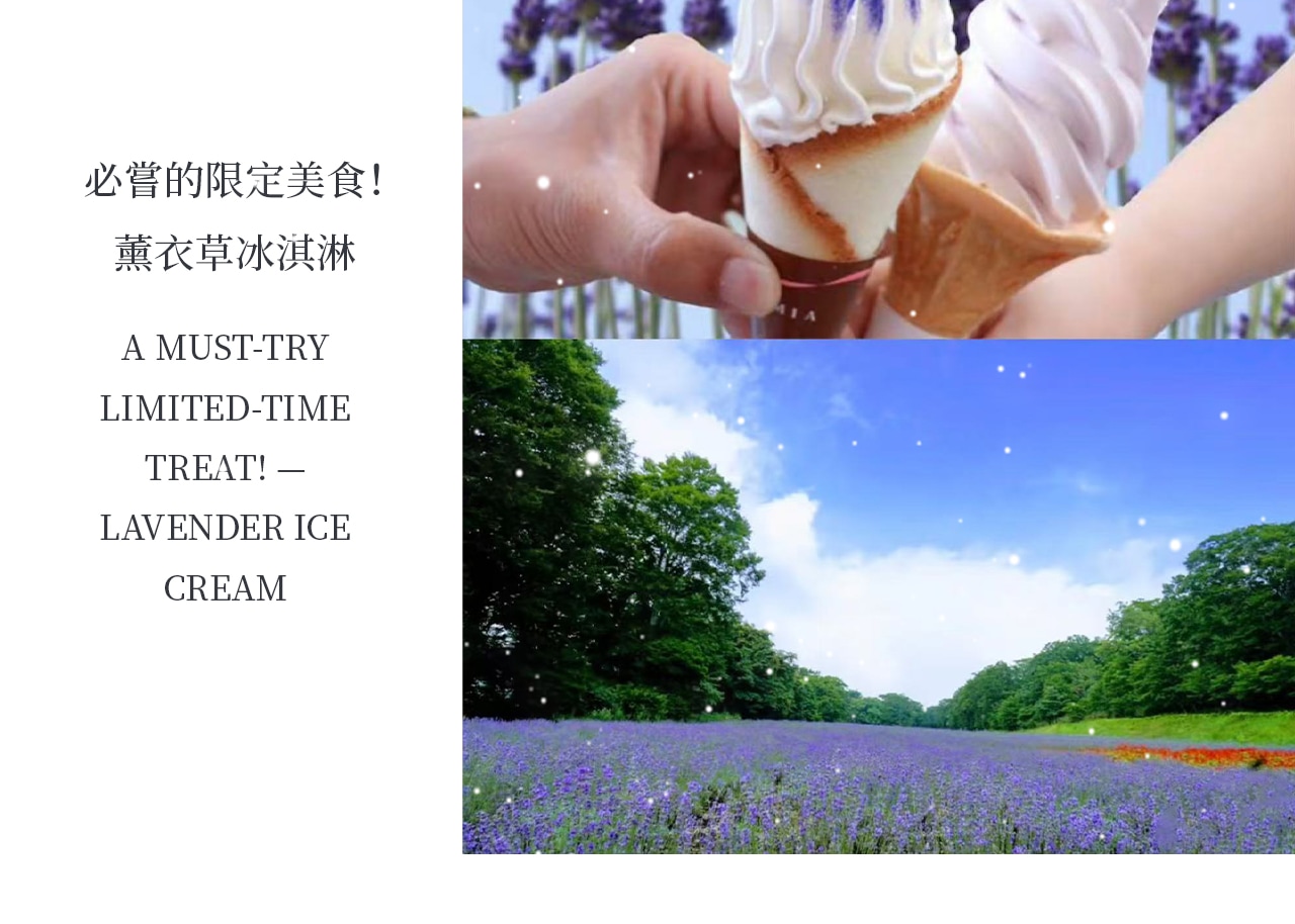 搭乘花田纜車緩緩上山,從空中俯瞰整片薰衣草田,視野遼闊又震撼,特別適合喜歡拍照、想悠閒漫步的旅客。
夏季限定的薰衣草冰淇淋更是必吃熱門,以花香與奶香結合的獨特滋味,為你的旅程增添甜蜜回憶。 搭乘花田纜車緩緩上山,從空中俯瞰整片薰衣草田,視野遼闊又震撼,特別適合喜歡拍照、想悠閒漫步的旅客。
夏季限定的薰衣草冰淇淋更是必吃熱門,以花香與奶香結合的獨特滋味,為你的旅程增添甜蜜回憶。