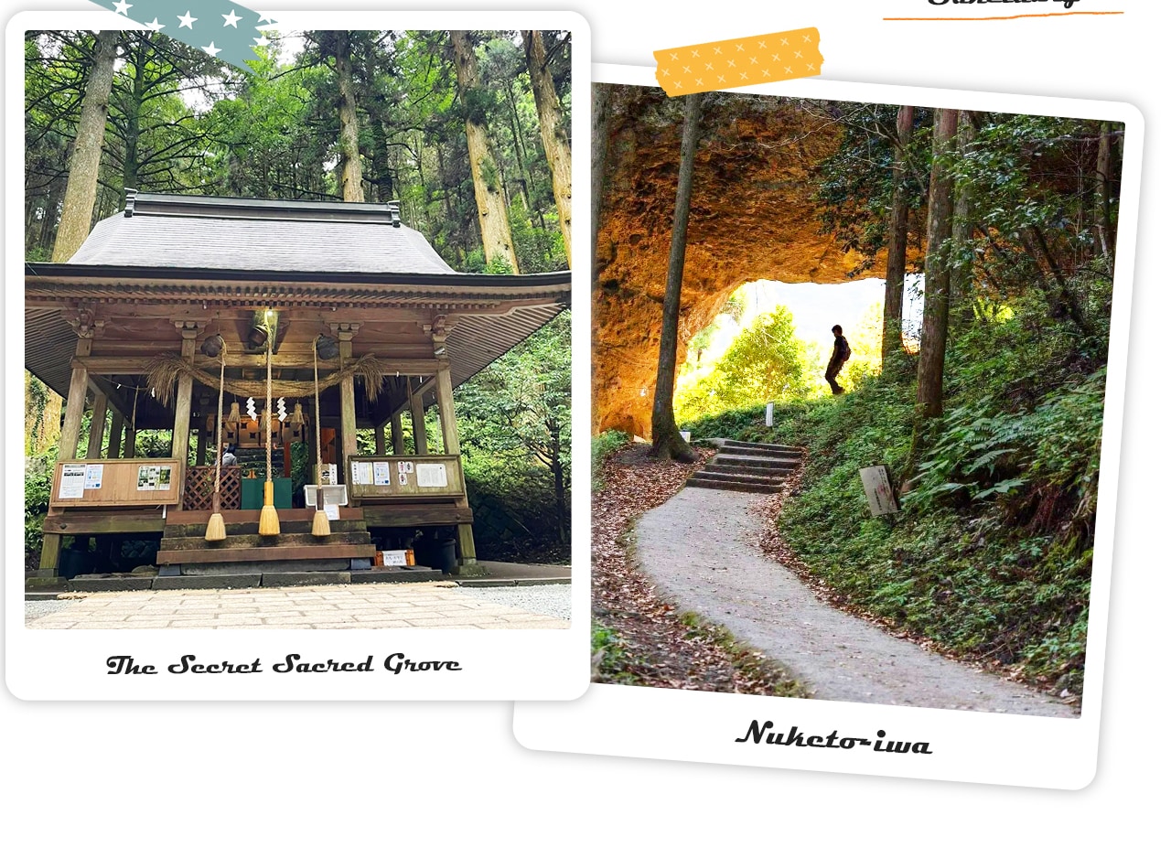 上色見熊野座神社是一座被巨杉與穿戶巖環抱的幽靜靈地，沿著青苔石階步入便能感受到寧靜而神秘的力量