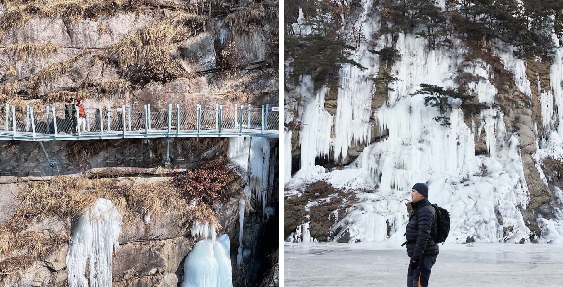 ❄️冬季時節，漢灘江地質公園搖身一變，成為充滿戲劇張力的冰雪奇景。黝黑的玄武岩峭壁覆蓋著皚皚白雪，形成鮮明且如夢似幻的對比。