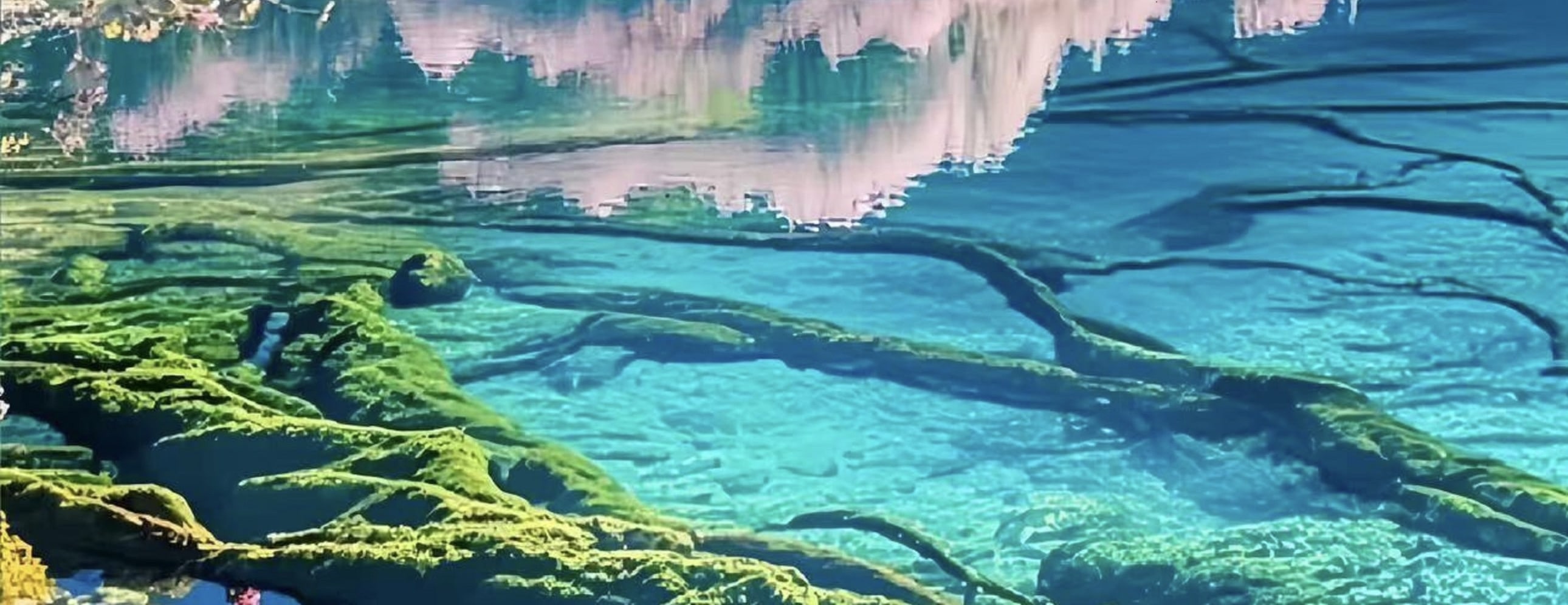 粉花滿樹映碧水，花枝垂落湖面，水下紋路清晰可見。粉豔花影與碧綠湖水交織，春日的浪漫與山水的靈秀完美融合，如夢幻仙境