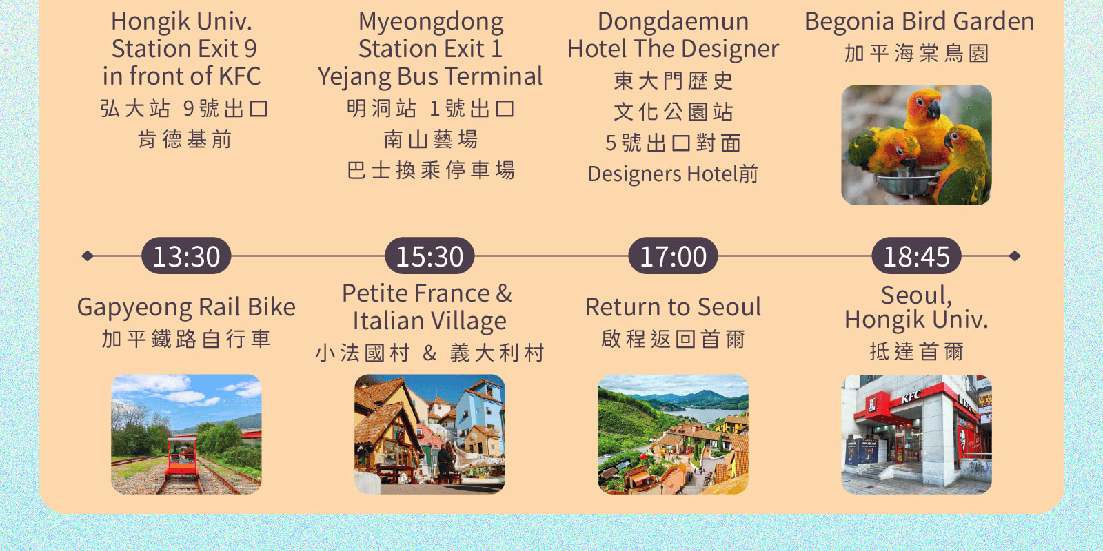 海棠鳥園 / 南怡島 / 鐵道自行車 / 晨靜樹木園 / 快樂草原農場