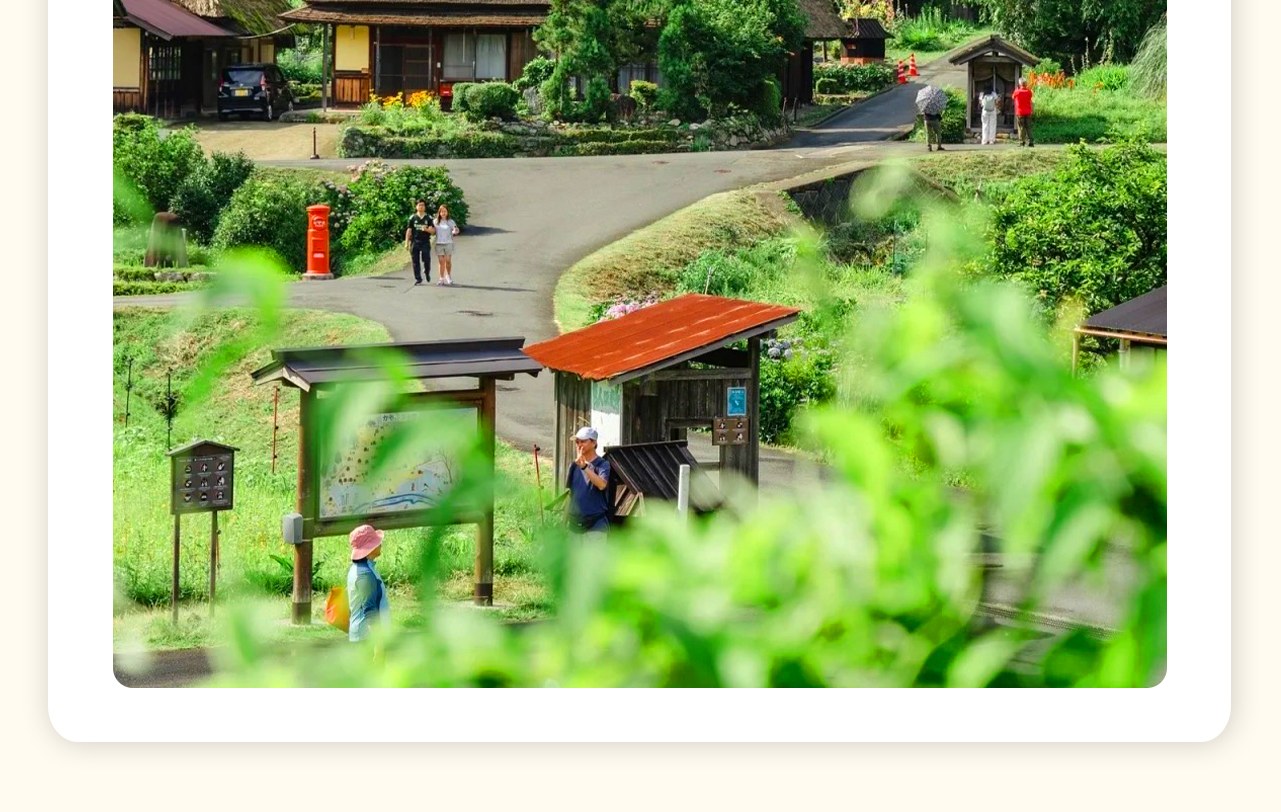 美山合掌村是一處遠離塵囂的世外桃源。有著50多棟茅葺屋，其中近40棟保留完整。這裡的房屋形似合掌，以茅草覆蓋屋頂，村中景色如畫，恬靜的田園風光讓人彷彿置身童話世界，是體驗日本鄉間古樸原味的絕佳之地。