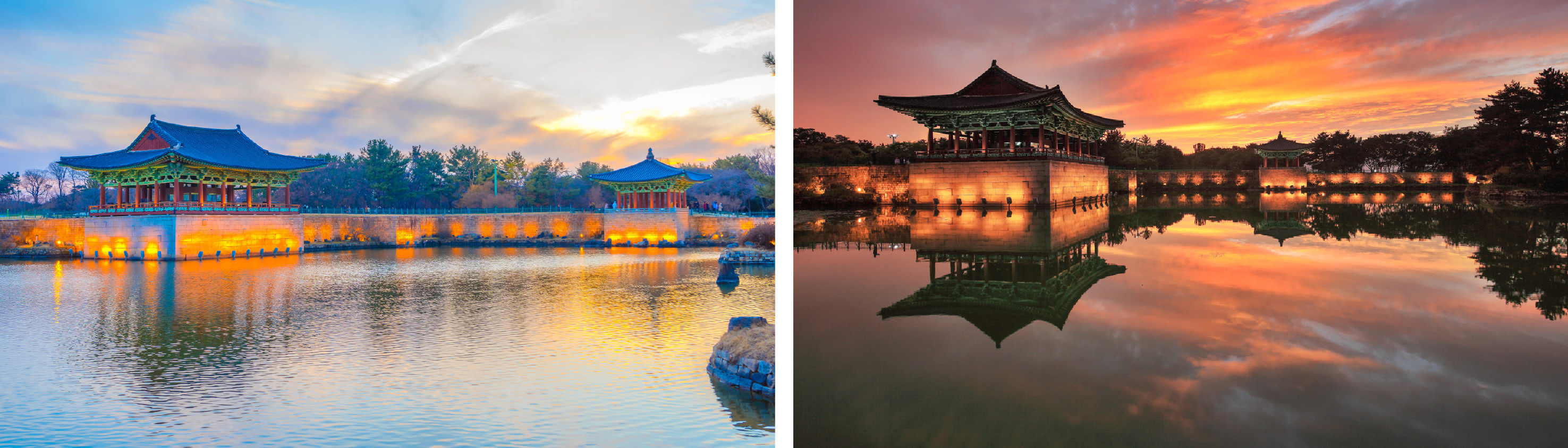 走進東宮與月池,這是一個新羅王朝風景如畫的宮殿池塘,最初建於公元674年,在那裡發現了數千件古代文物。美麗的燈光夜景使其成為慶州必遊的夜間景點之一。 走進東宮與月池,這是一個新羅王朝風景如畫的宮殿池塘,最初建於公元674年,在那裡發現了數千件古代文物。美麗的燈光夜景使其成為慶州必遊的夜間景點之一。