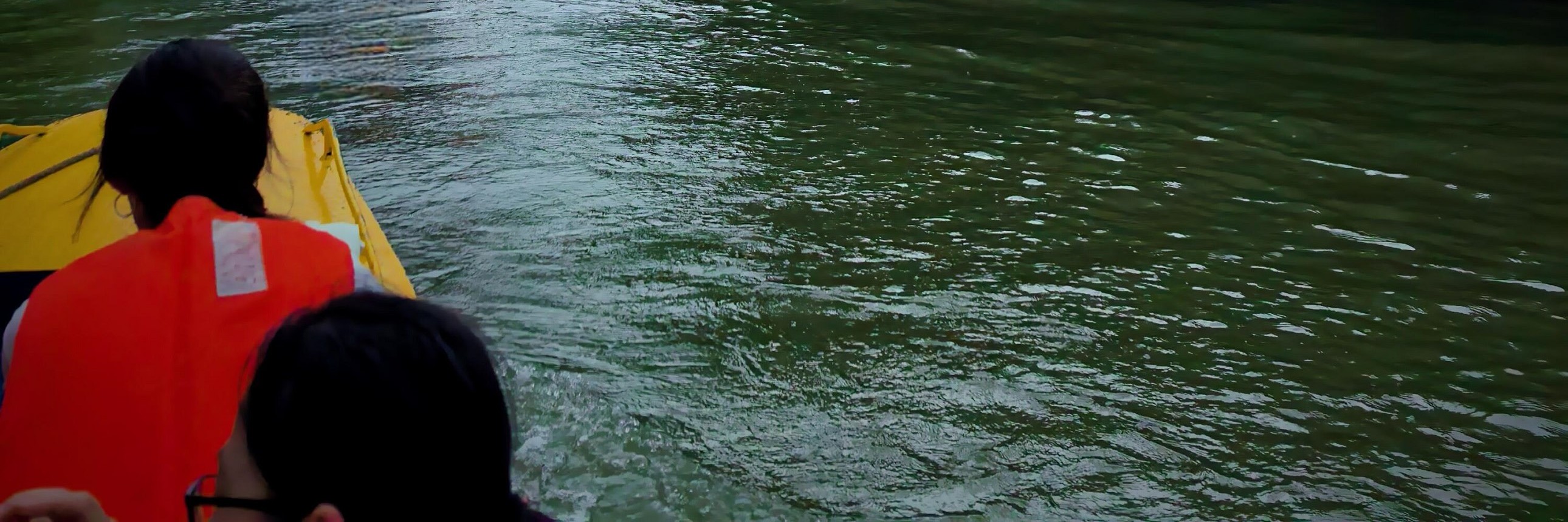 墨綠的河道兩岸被濃密的林木環抱，水面上氤氳的薄霧像給山水蒙上了一層輕紗，遠處的水汽與陰沉的天色相融，添了幾分朦朧的詩意。前景中泛舟的遊人，成了這幅天然山水畫卷裡最生動的一筆，彷彿下一秒就要駛入雲霧深處，沉浸式感受 “人在畫中游” 的浪漫，清冷又治癒的意境直接拉滿