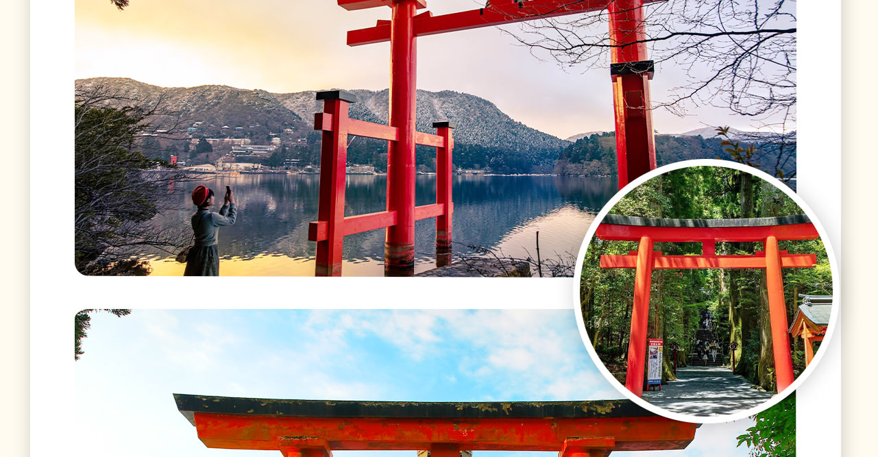 蘆之湖海上鳥居是位於日本神奈川縣箱根町的一個著名旅遊景點,鳥居是日本神社的入口標誌,區分神域與人類居住的世界。蘆之湖上的這座鳥居因其建在湖面上,天氣晴朗時,遊客可以在這裡同時欣賞到富士山的壯麗景色。 蘆之湖海上鳥居是位於日本神奈川縣箱根町的一個著名旅遊景點,鳥居是日本神社的入口標誌,區分神域與人類居住的世界。蘆之湖上的這座鳥居因其建在湖面上,天氣晴朗時,遊客可以在這裡同時欣賞到富士山的壯麗景色。