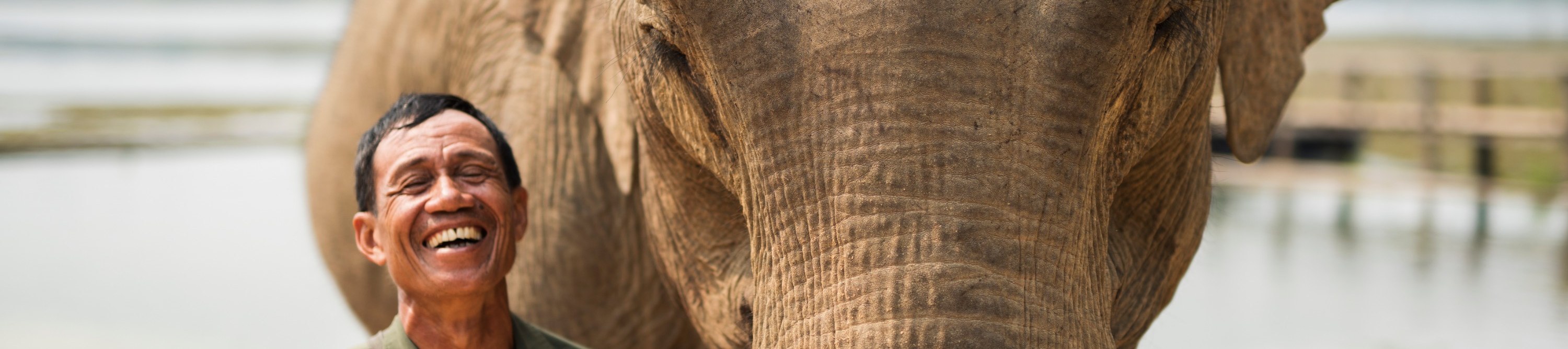 One of the mahouts smiles with his elephant