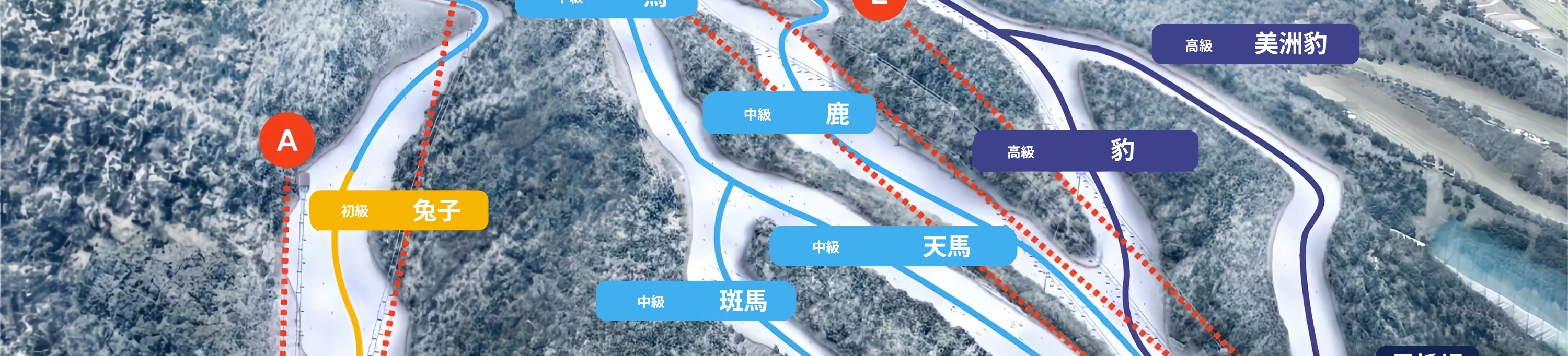 伊利希安江村完整雪道地圖,標示初級、中級與高級路線及纜車連接。 伊利希安江村完整雪道地圖,標示初級、中級與高級路線及纜車連接。