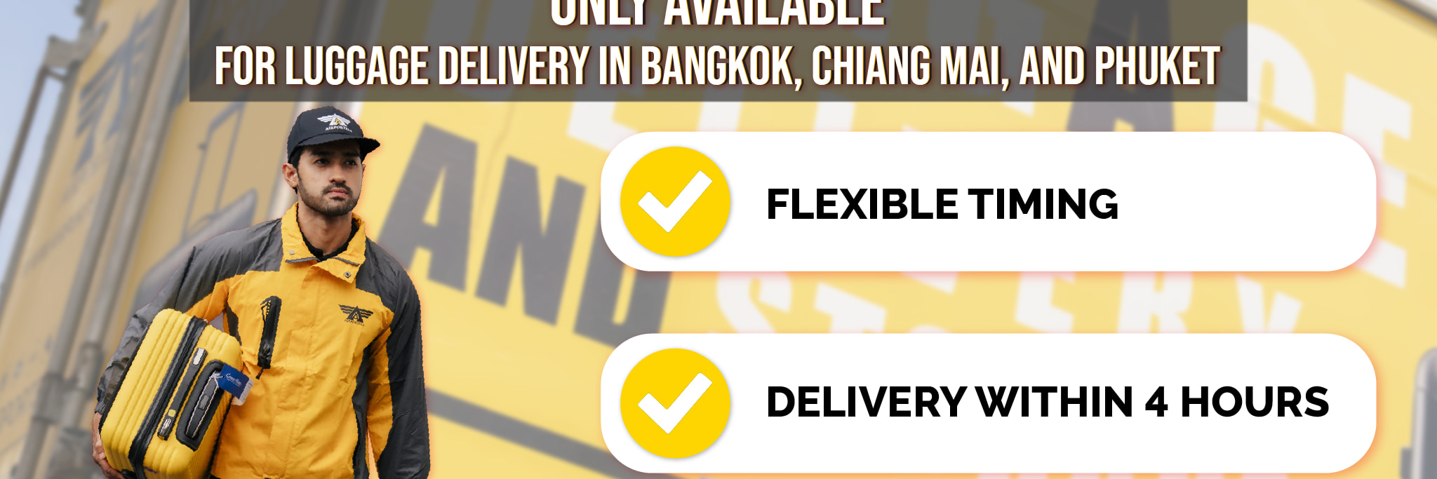 AIRPORTELs’ 隨選快遞服務 (快速)，服務時間為 7:00 AM – 9:00 PM，行李可於 4 小時內送達，每筆訂單需額外支付 300 泰銖。