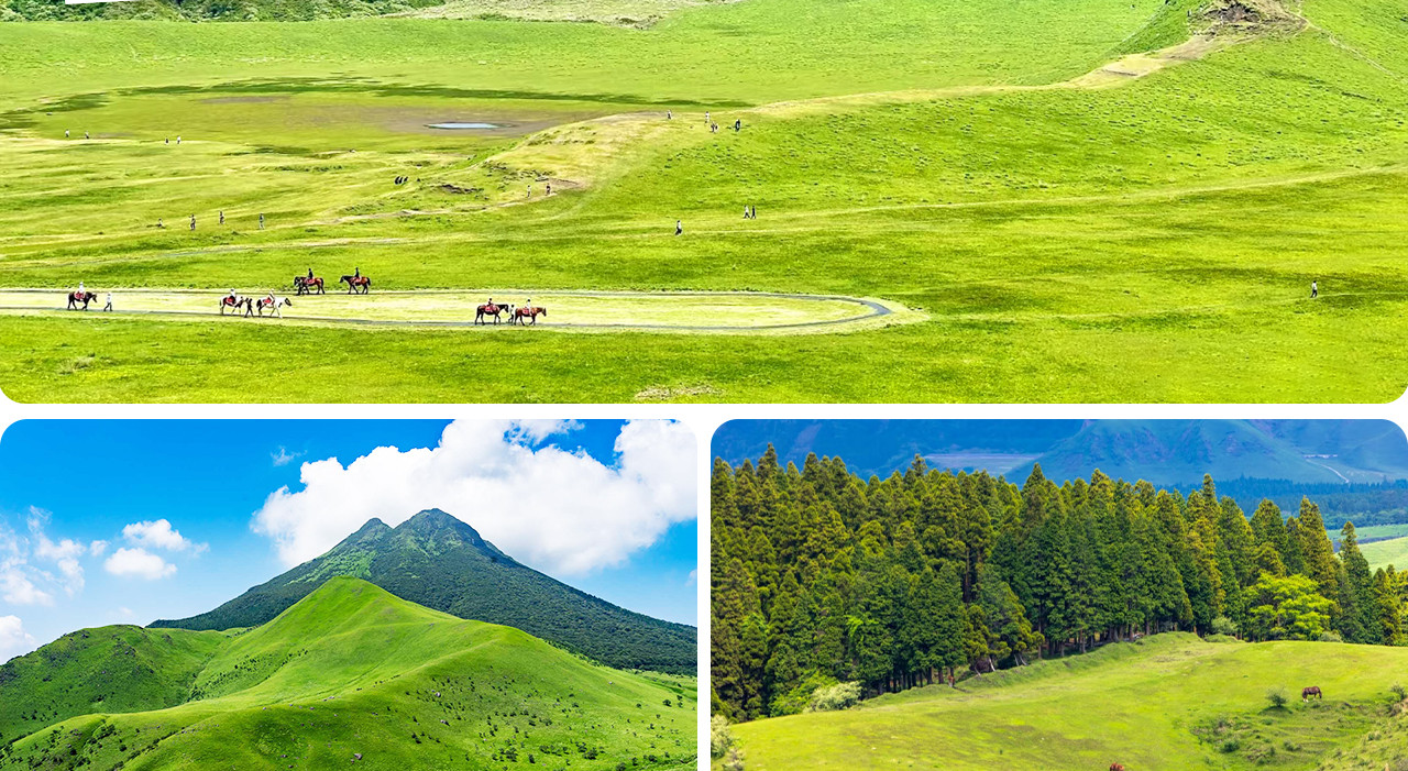 草千里是阿蘇地區著名的高原草原,面積廣闊如茵綠地,夏季綠草如海,牛馬悠然放牧,背靠阿蘇火山群,四季風光如畫,是觀光與攝影的絕佳勝地。 草千里是阿蘇地區著名的高原草原,面積廣闊如茵綠地,夏季綠草如海,牛馬悠然放牧,背靠阿蘇火山群,四季風光如畫,是觀光與攝影的絕佳勝地。