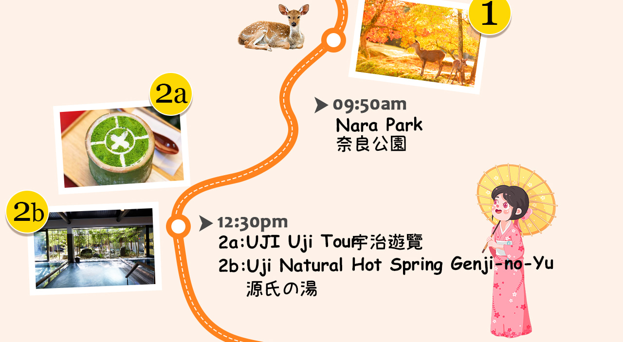 一圖看懂奈良宇治一日遊：喂萌鹿、賞古寺、品抹茶、泡溫泉，一天暢遊自然與文化交融的古都風情之旅。