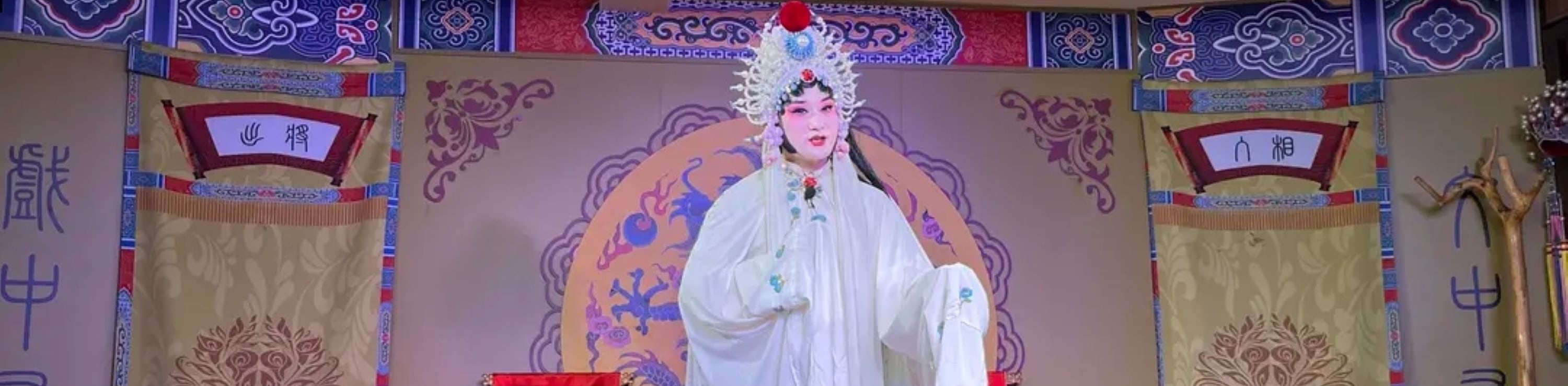 演員以白色戲服、精緻頭飾的扮相呈現,服飾上的細膩紋樣與整體造型,契合戲曲中特定角色的形象塑造 演員以白色戲服、精緻頭飾的扮相呈現,服飾上的細膩紋樣與整體造型,契合戲曲中特定角色的形象塑造