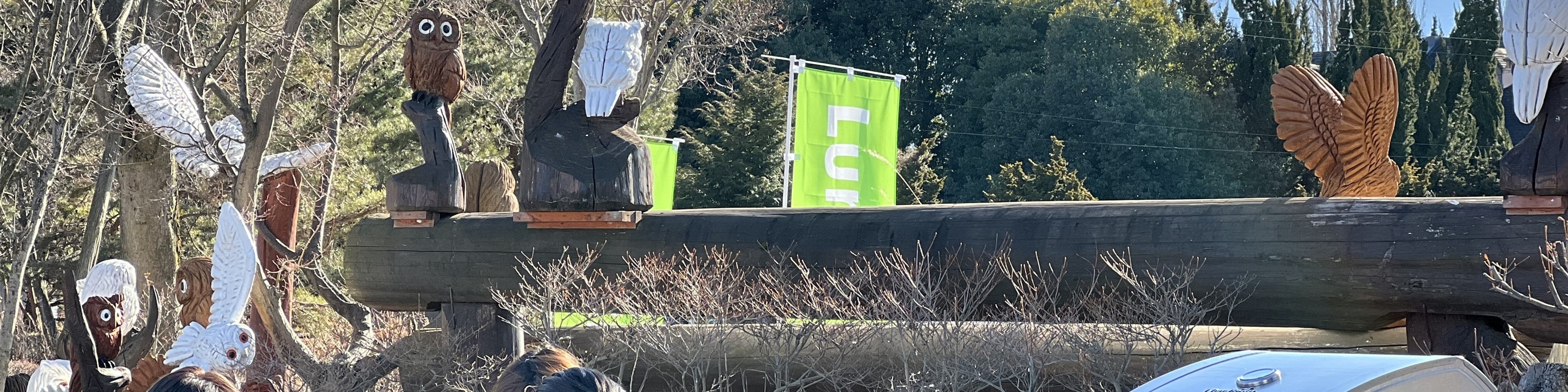 河口湖工藝公園坐落於富士山腳下。天氣晴朗時，整座山的輪廓清晰可見，其白雪皚皚的山頂在陽光下閃閃發光。