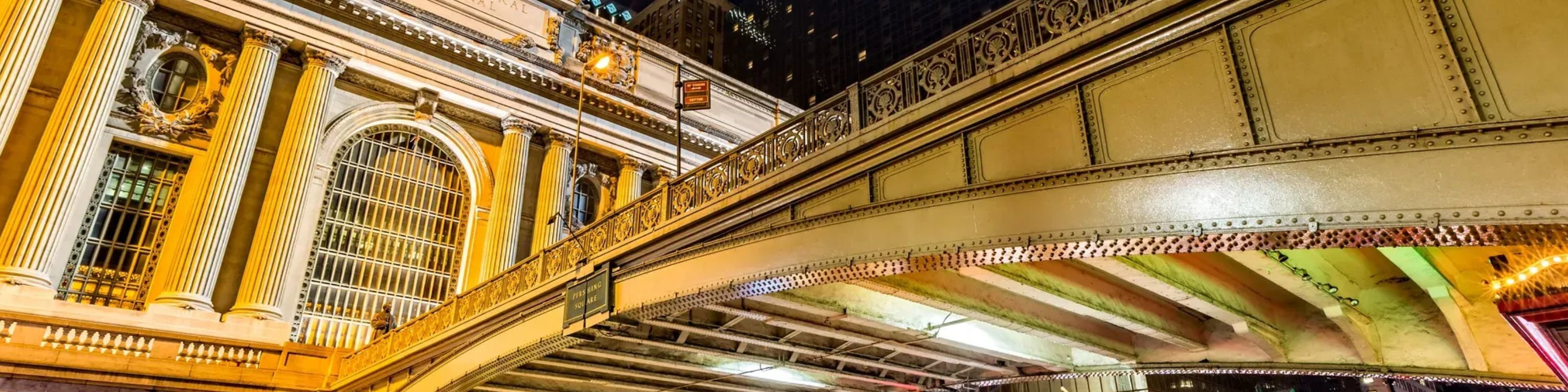 View of Grand Central Terminal’s exterior beautifully lit after sunset