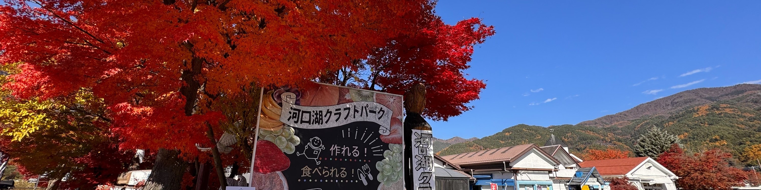 河口湖工藝公園入口兩旁的楓樹色彩格外鮮豔，在緋紅的樹葉下，您會看到迷人的手寫標誌。