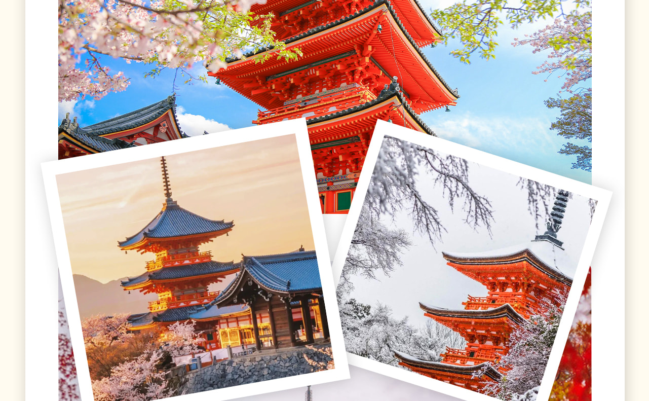 【清水寺】世界文化遺產，京都人氣觀光景點。始建於778年，是京都最古老的寺院，是日本國寶級文物。地主神社位於清水寺正殿北側的，是日本結緣、祈求戀愛運的神社。