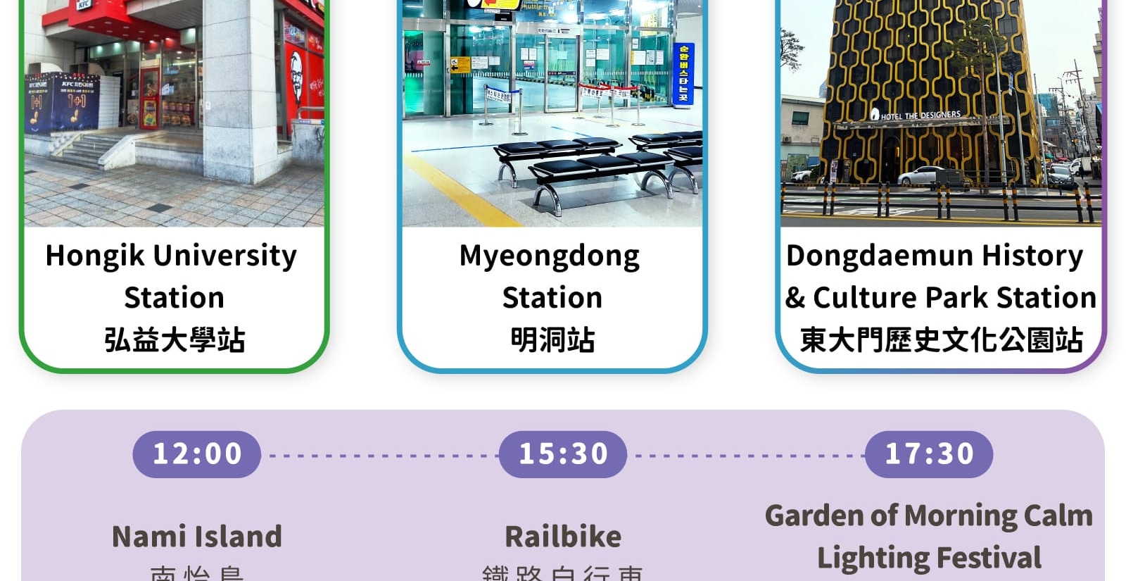 羊駝牧場 / 南怡島 / 江村鐵路自行車 / 晨靜樹木園 / 樂高樂園 /  秋海棠鳥園