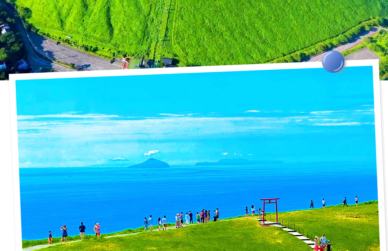 大室山是一座外形酷似抹茶布丁的休眠火山，登頂可環視富士山與伊豆海岸美景。