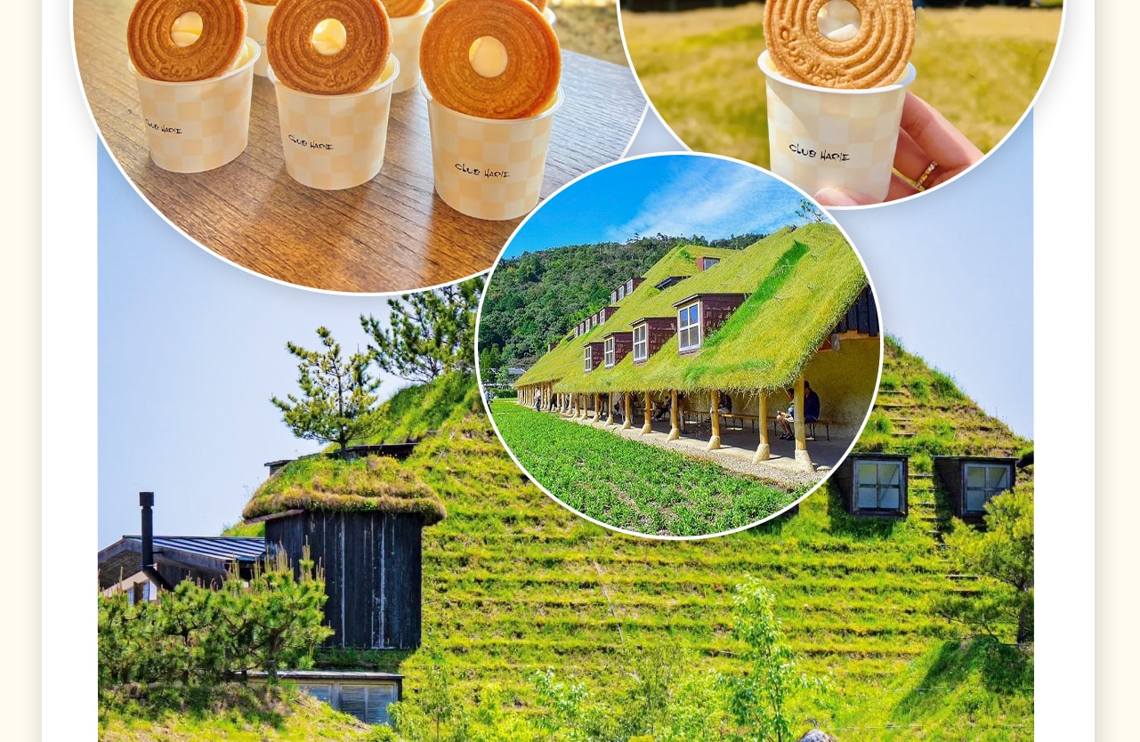 La Collina 近江八幡,巧妙地將自然美景與甜品藝術融合在一起。園內的“草根屋”以綠油油的草皮屋頂呼應周邊的山丘,是一處讓人心靈得到寧靜與療愈的秘境。 La Collina 近江八幡,巧妙地將自然美景與甜品藝術融合在一起。園內的“草根屋”以綠油油的草皮屋頂呼應周邊的山丘,是一處讓人心靈得到寧靜與療愈的秘境。