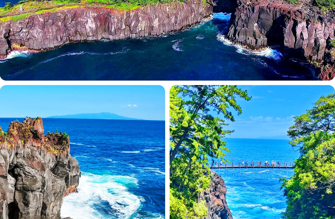 城崎海岸以火山熔岩斷崖與湛藍海水交織出的壯麗海景著稱，是伊豆的秘境海岸線。