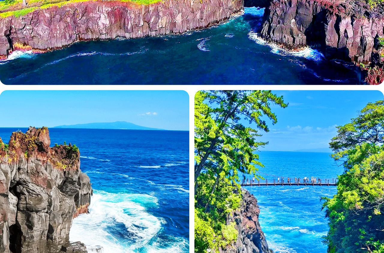 城崎海岸以火山熔岩斷崖與湛藍海水交織出的壯麗海景著稱，是伊豆的秘境海岸線。