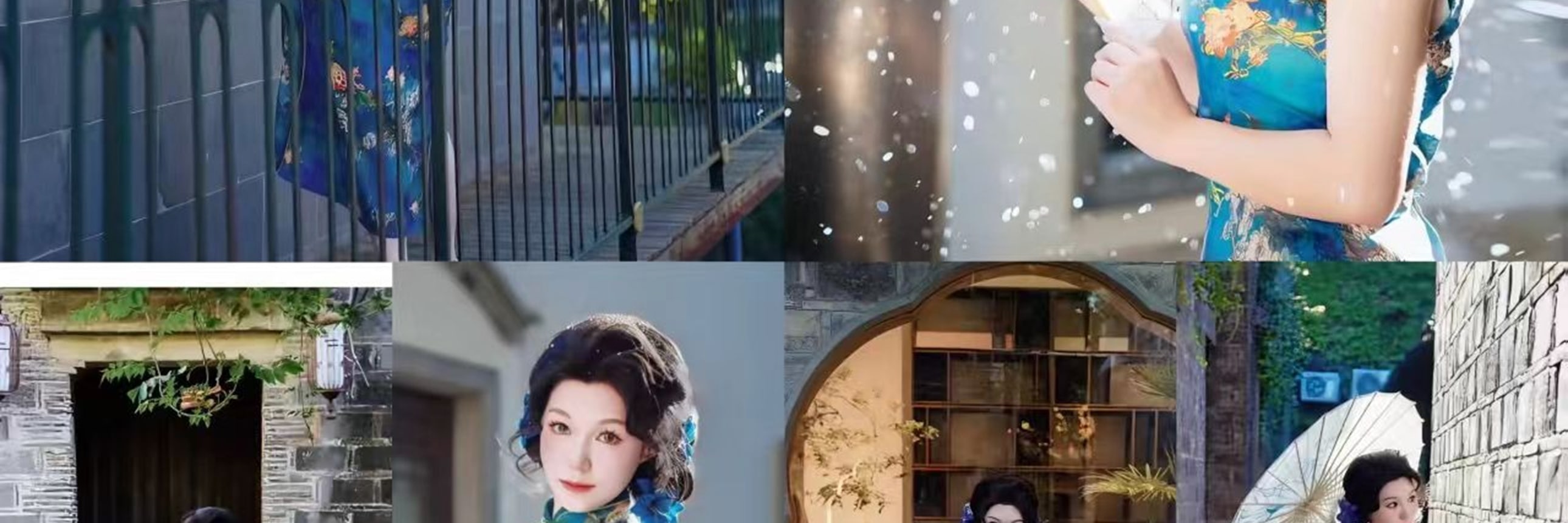 湖藍色旗袍暈染著金色繁花,配珍珠項鍊與藍花髮飾,在石牆木門前持扇而立,盡顯舊上海名媛的優雅明豔 湖藍色旗袍暈染著金色繁花,配珍珠項鍊與藍花髮飾,在石牆木門前持扇而立,盡顯舊上海名媛的優雅明豔