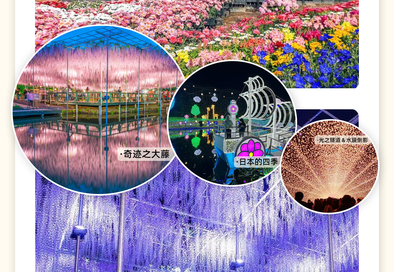足利花卉公園，這座被美國CNN評選為「世界十大夢幻旅遊景點」的園林，限定期間更有日本三大燈光秀，如夢如幻