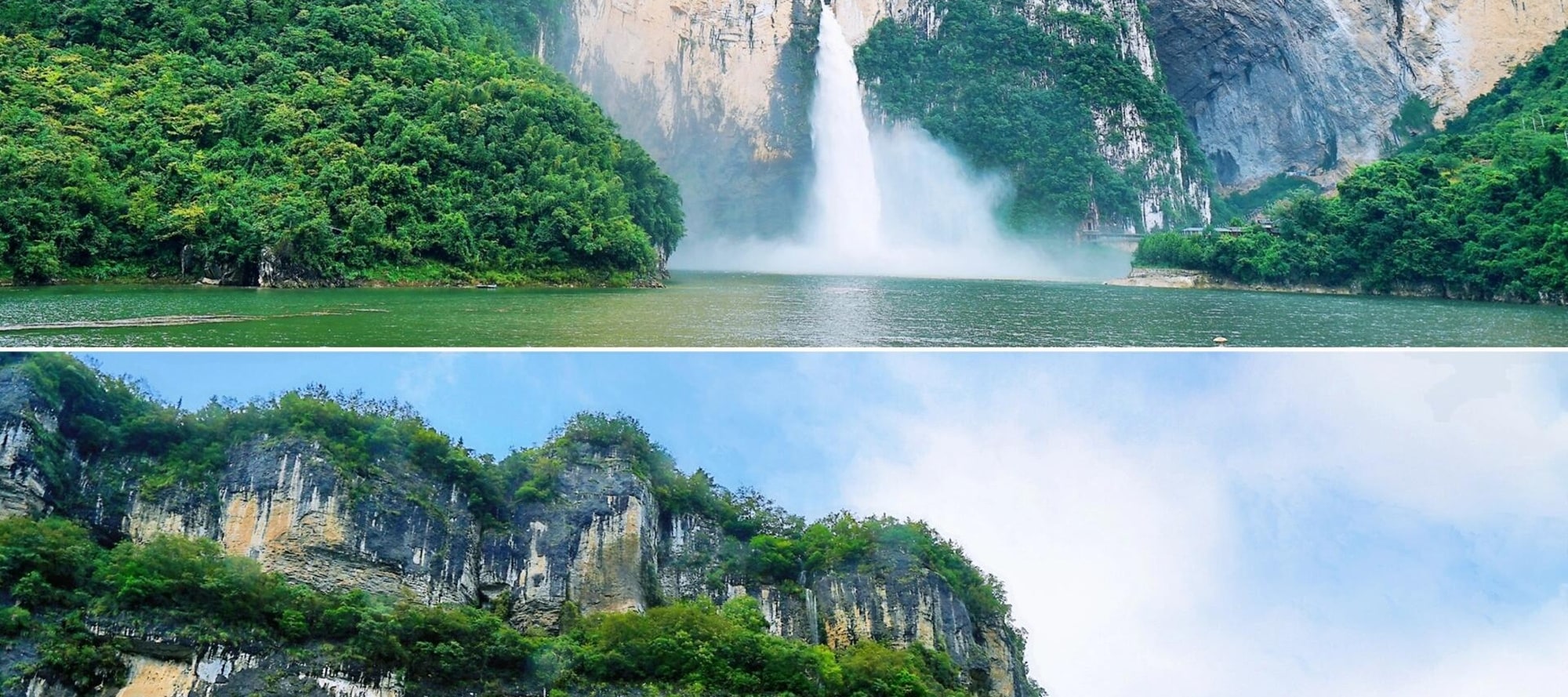 恩施大清江，青山巍峨，飛瀑流銀。碧水蜿蜒於畫境，攬儘自然的綺麗與磅礴