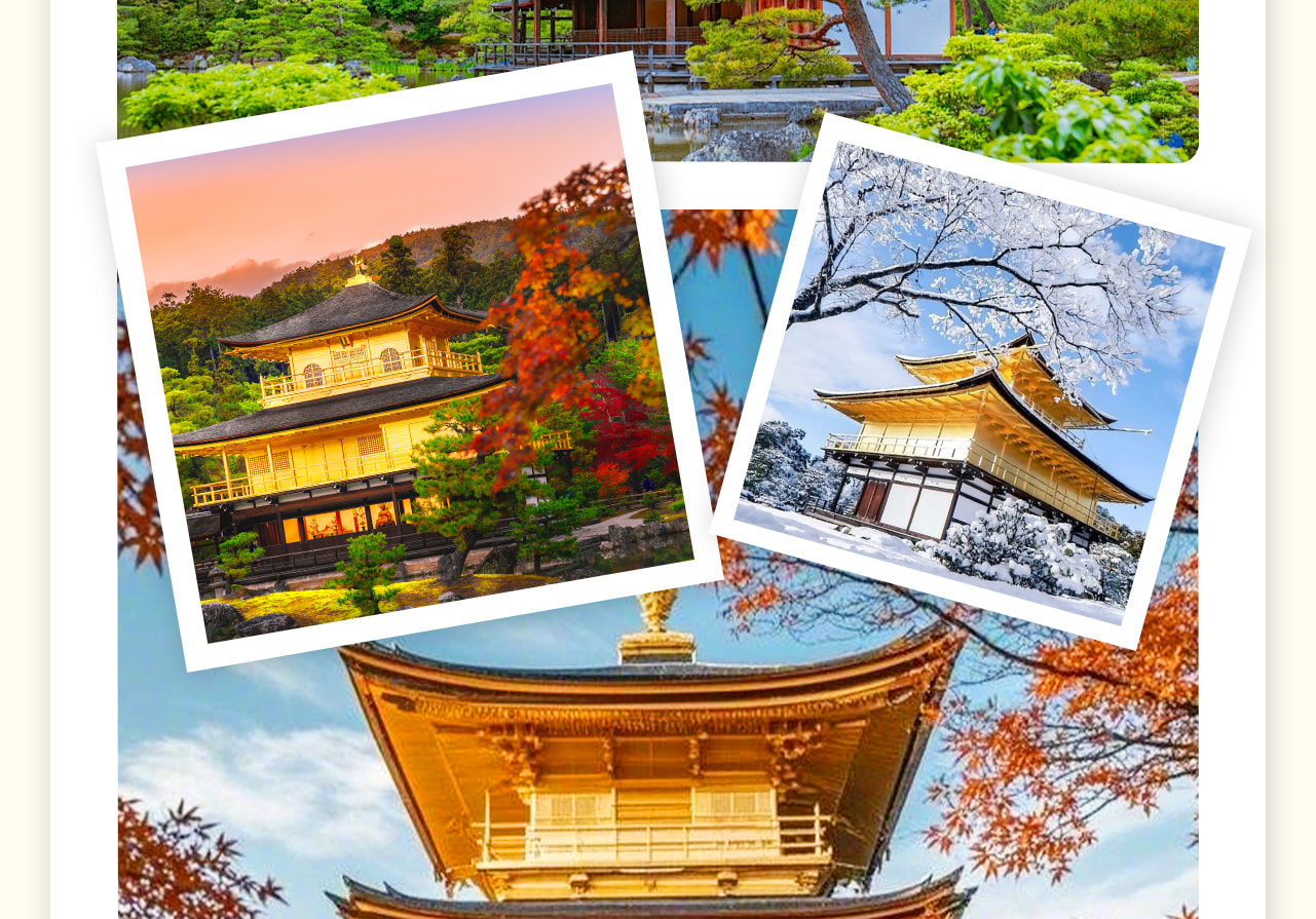 金閣寺，寺內核心建築舍利殿的外牆全部貼以金箔裝飾，故暱稱為“金閣寺”。金閣寺時候楓葉季來遊覽，金色的閣寺加上漫山的紅葉將會是一幅壯美萬分的景象。