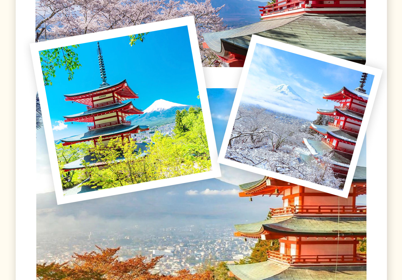 新倉山淺間公園位於日本靜岡縣，靠近富士山，是觀賞富士山美景和櫻花的絕佳地點。公園內櫻花盛開時節，粉色的花海與富士山的雪頂相映成趣，景色壯觀。此外，園內的五重塔和淺間神社也是遊客觀賞和攝影的熱點。秋季時，紅葉滿園，美不勝收。