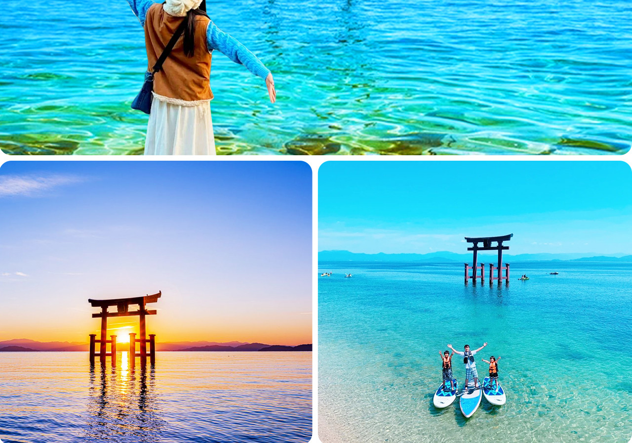 琵琶湖水上鳥居矗立於湖中央，1900多年曆史見證歲月流轉，朝霞、夕陽或風雨中皆散發神聖與夢幻之美。