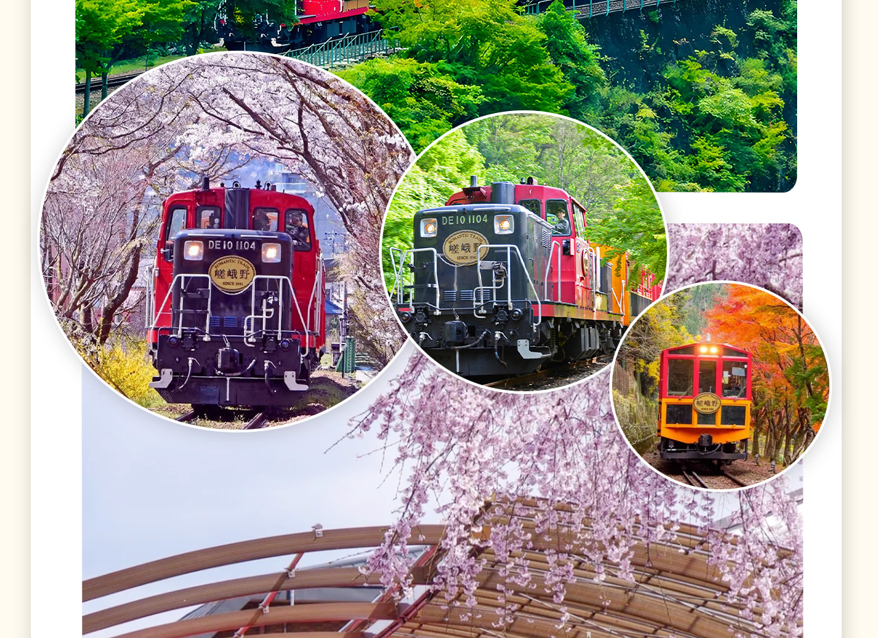乘坐嵯峨野小火車穿梭於嵐山之間，沿途欣賞四季變換的美景。（方案可選擇含火車）特別秋季，強烈推薦乘坐小火車。