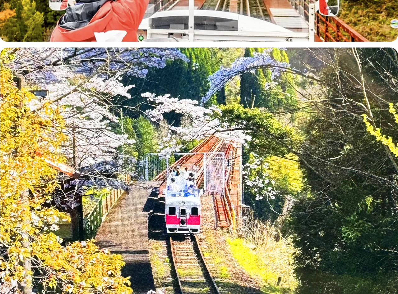高千穗小火車(費用自理)沿著舊鐵路線行駛,可俯瞰峽谷美景,感受飛越天空般的刺激體驗。 高千穗小火車(費用自理)沿著舊鐵路線行駛,可俯瞰峽谷美景,感受飛越天空般的刺激體驗。