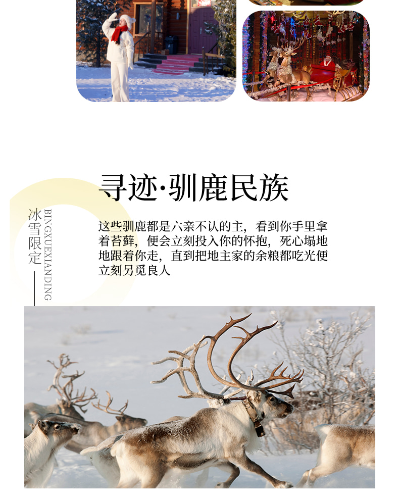 東北尋跡漠河私家4日（漠河集散+硬派越野出行+北極村定點旅拍+鄂溫克馴鹿園+北極村+邂逅聖誕老人+雪地火鍋+最北雪場滑雪+冰雪白樺林）